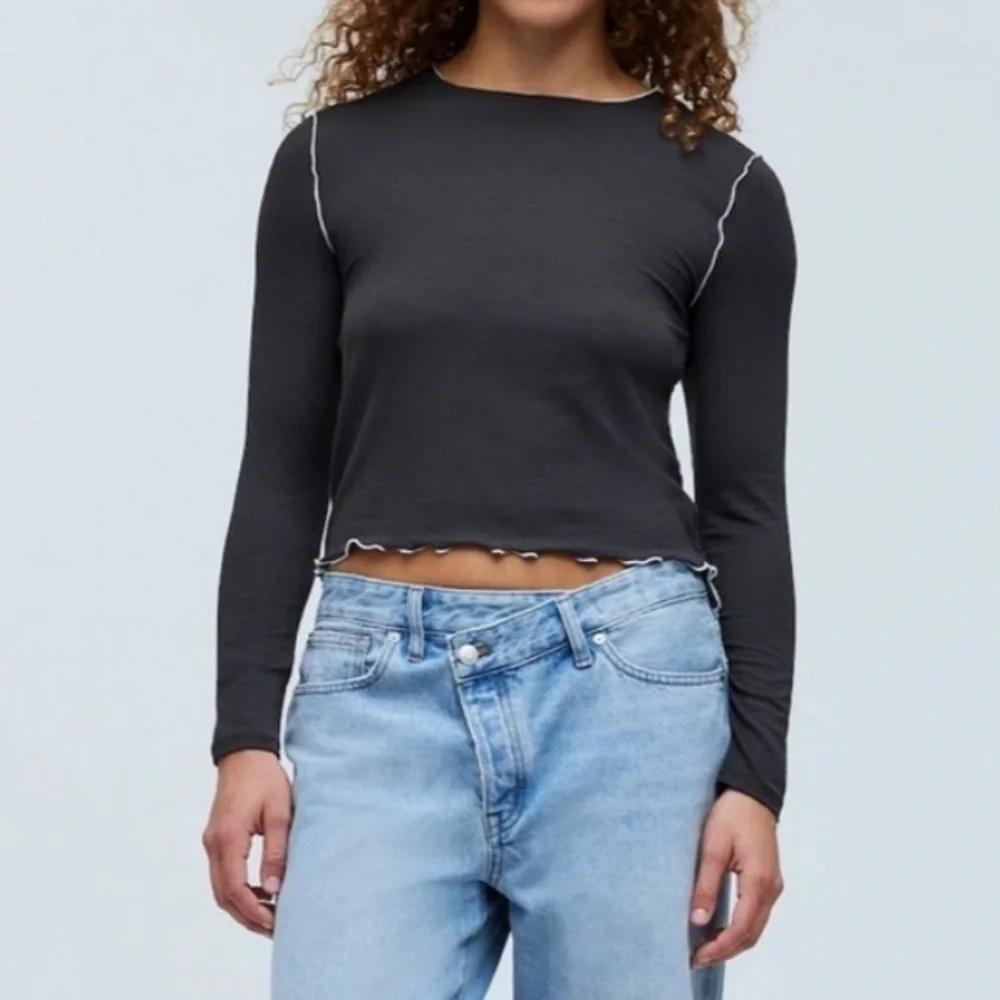 New Madewell Contrast Stitched Crewneck Crop Lightweight Tee Shirt Black Coal M - Picture 3 of 11